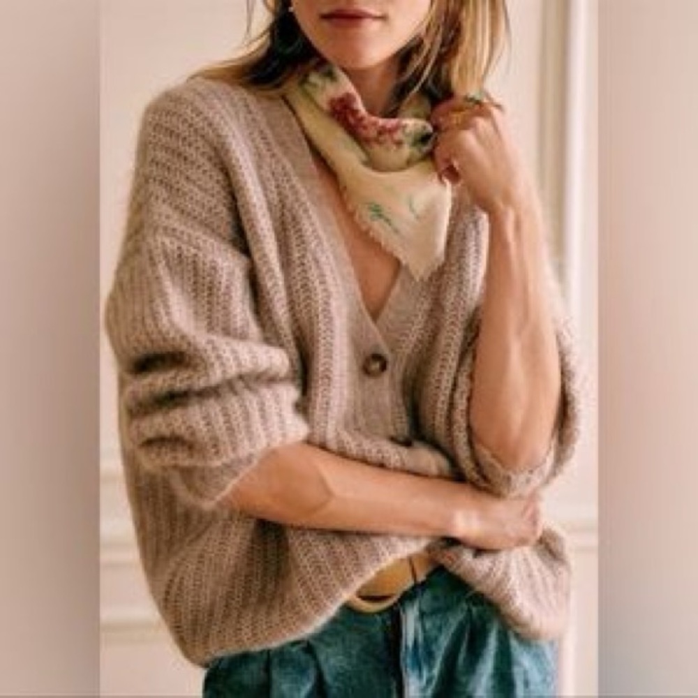 Sezane Cozy Chunky Knit Cardigan in Beige Taupe